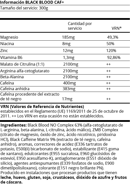 FICHA NUTRICIONAL BLACK BLOOD CAF+ - 300G