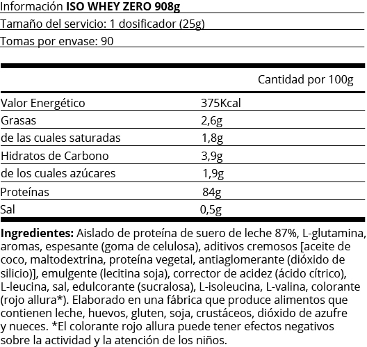FICHA NUTRIONAL ISO WHEY ZERO 908GR
