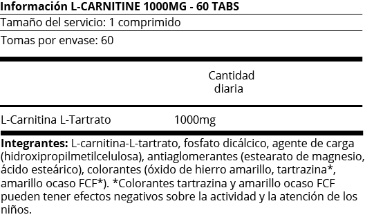 FICHA NUTRICIONAL L-CARNITINE 1000MG - 60TABS