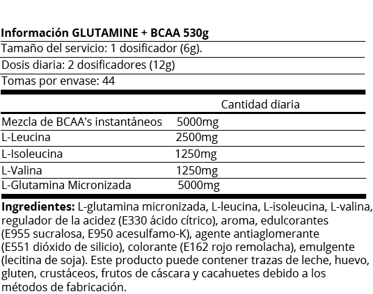 FICHA NUTRICIONAL GLUTAMINE + BCAA - 500GR